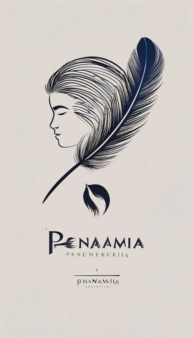 A minimalist, fantastic, poetic, dreamy, captivating, memorable, masterpiece, modern, simple logo design of a boy and a feather for the brand “Penamemoria". The logo must convey a sense of music, stories and dreams. Minimalistic logo design of a boy and a feather.