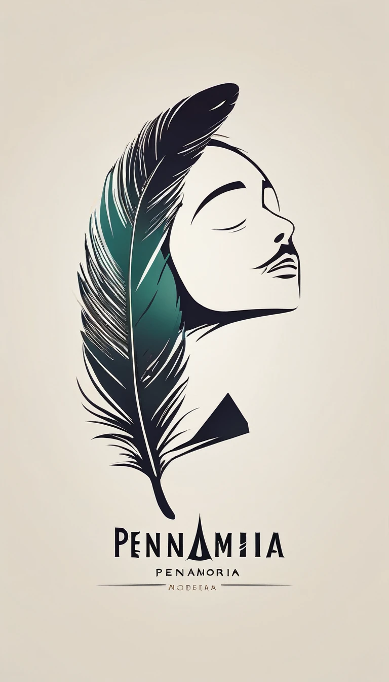 A minimalist, fantastic, poetic, dreamy, captivating, memorable, masterpiece, modern, simple logo design of a boy and a feather for the brand “Penamemoria". The logo must convey a sense of music, stories and dreams. Minimalistic logo design of a boy and a feather.