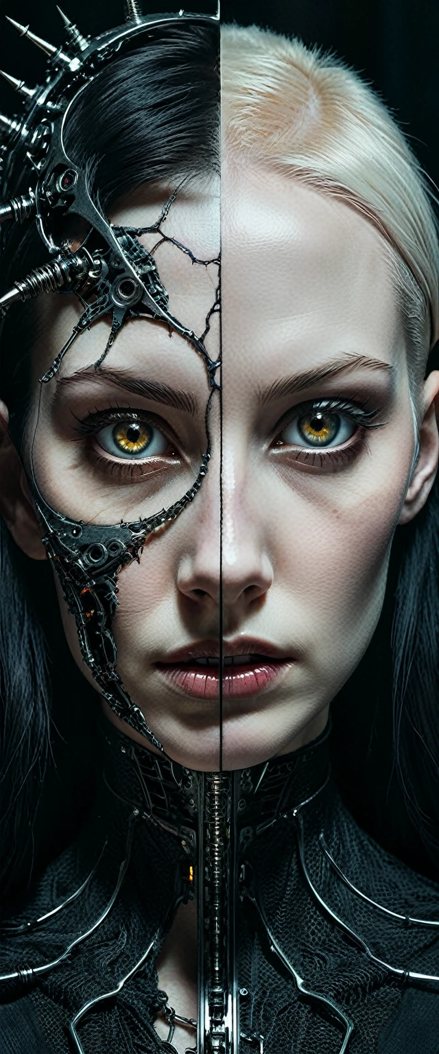 Hyperrealistic art imaginative dark gothic fantasy concept art,bleak,vibrant immersive woman's face split in half,left side is pale skin brightly lit,right side is dark cybernetic, Hyperrealistic art cinematic film still photography in the style of detailed hyperrealism photoshoot . Extremely high-resolution details, photographic, realism pushed to extreme, fine texture, incredibly lifelike