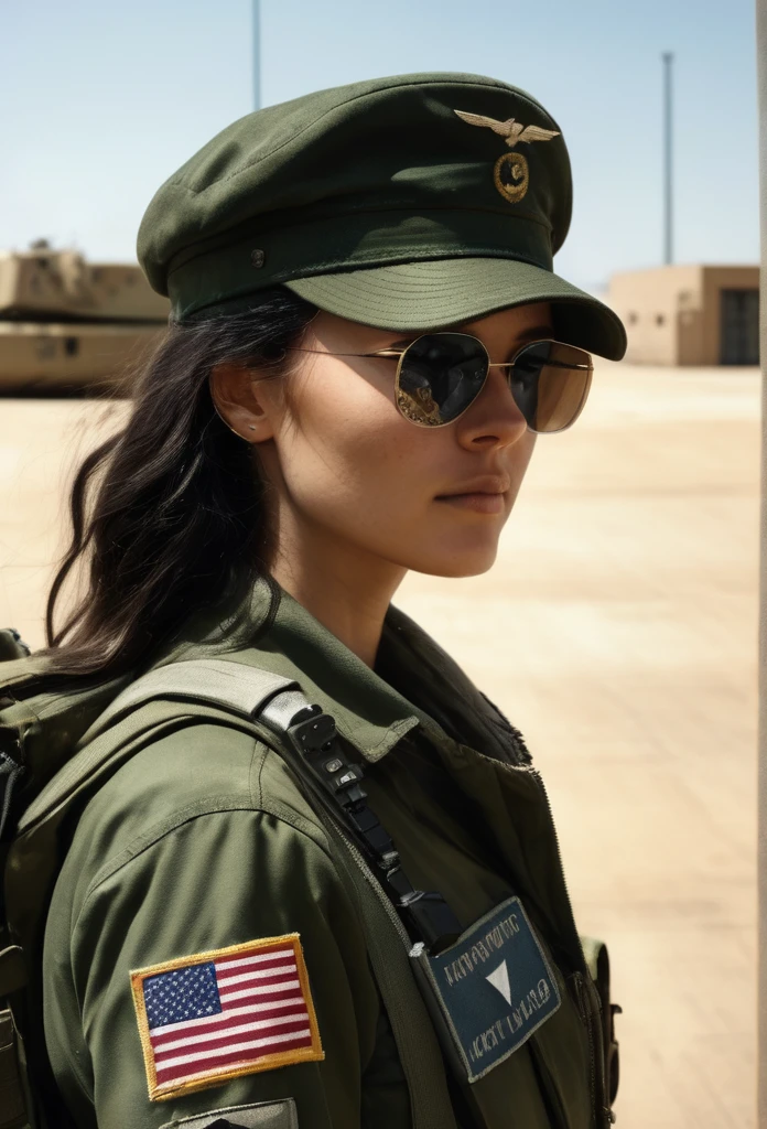 Hyperrealistic art close-up photo of m4d1s0n a woman, wearing a military outfit, looking at viewer, at a military base,  . Extremely high-resolution details, photographic, realism pushed to extreme, fine texture, incredibly lifelike