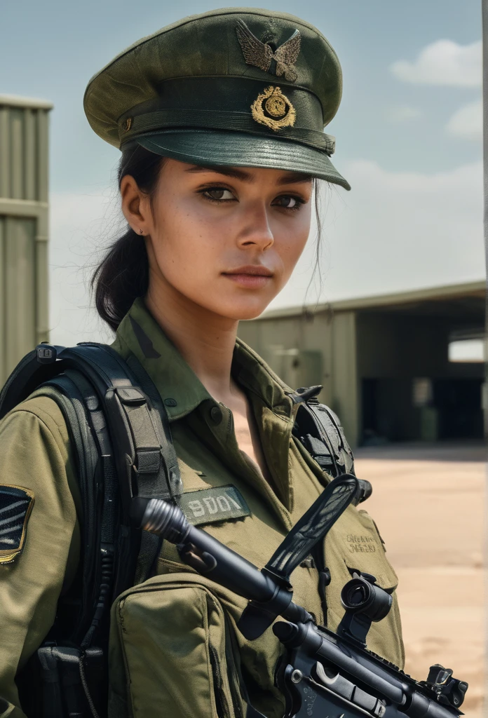 Hyperrealistic art close-up photo of m4d1s0n a woman, wearing a military outfit, looking at viewer, at a military base,  . Extremely high-resolution details, photographic, realism pushed to extreme, fine texture, incredibly lifelike