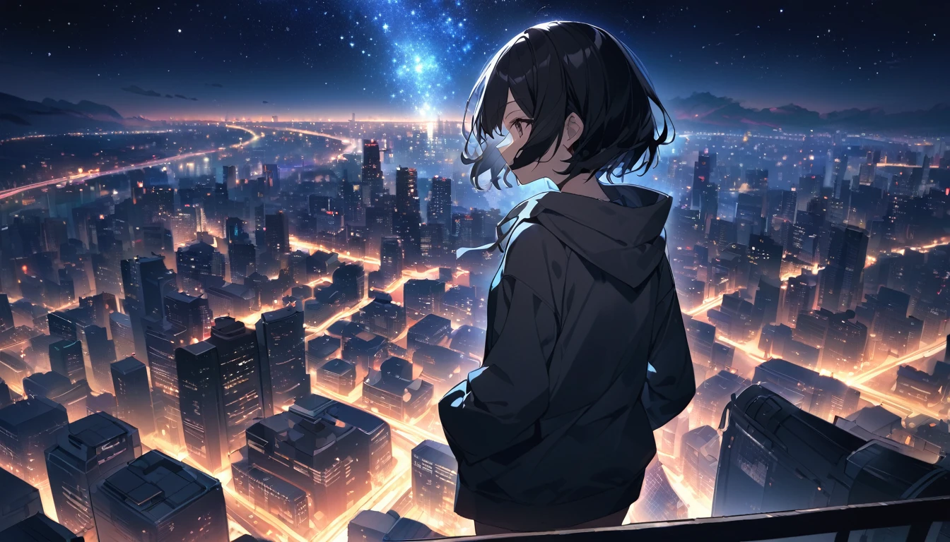 Starry Sky、Night view、City、One woman、Black Hair、Short Hair、Hair blowing in the wind、Wearing a hoodie、back、Full body portrait、Overlooking the city