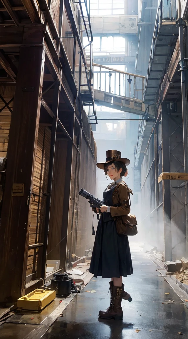 high quality, 4k, best detailed, 1girl, fallout, Piper, beautiful Photorealistic,(masterpiece, best quality:1.1), (8k, best quality, masterpiece, ultra highres, ultra-detailed:1.2),a girl,cute,13yo,steampunk fashion,gothic Steampunk hat,goggle,corset jumper skirt(brown),platform cowboy boots,
BREAK,
black hair, eyes with large brown irises,small mouth, smile,very happy, she has Steampunk gun,
BREAK,
combine Western elements with advanced technology,steam technology, steampunk,Late 19th century American West,beautiful lighting, volumetric lighting, dynamic angle, looking at viewer, (photographic portrait), sharp, (Best quality, 4k, Masterpiece :1.3), 1girl, (steampunk), scenery, steampunk room engine, repairing engine, gears, cogs, steam, boots, overalls, goggles, dirty face, standing, machinery, oil on floor, dirty floor,