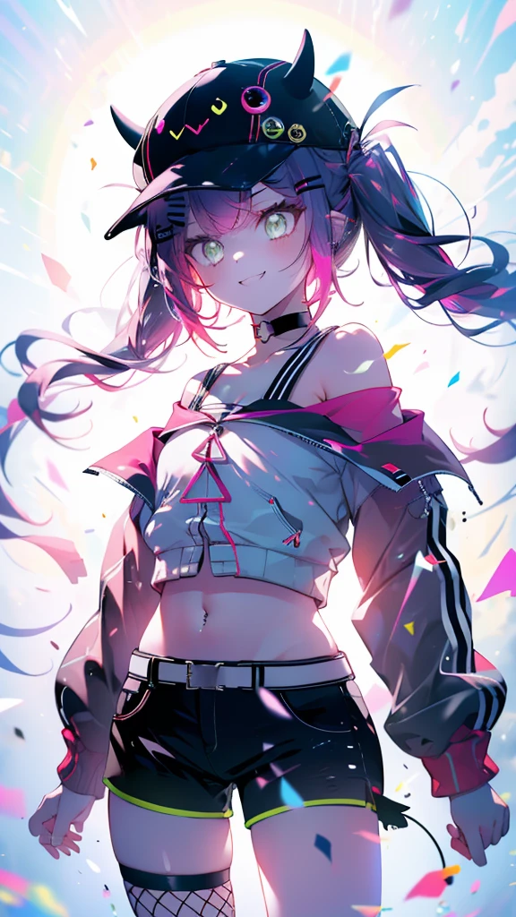 (Ultra-high resolution,masterpiece, Attention to detail, Highest quality), 8k,(aatowa, long hair, twintails, black headwear, baseball cap, fake horns, hairclip, piercing, demon tail, black choker, off shoulder, cropped jacket, white jacket, long sleeves, midriff, belt, black shorts, short shorts, single thighhigh, fishnets),(Blessed,Captivating body、Ultra-detailed skin、Super beautiful eyes、Detailed Background),One girl、 (cheerful ,enjoy :1.5),