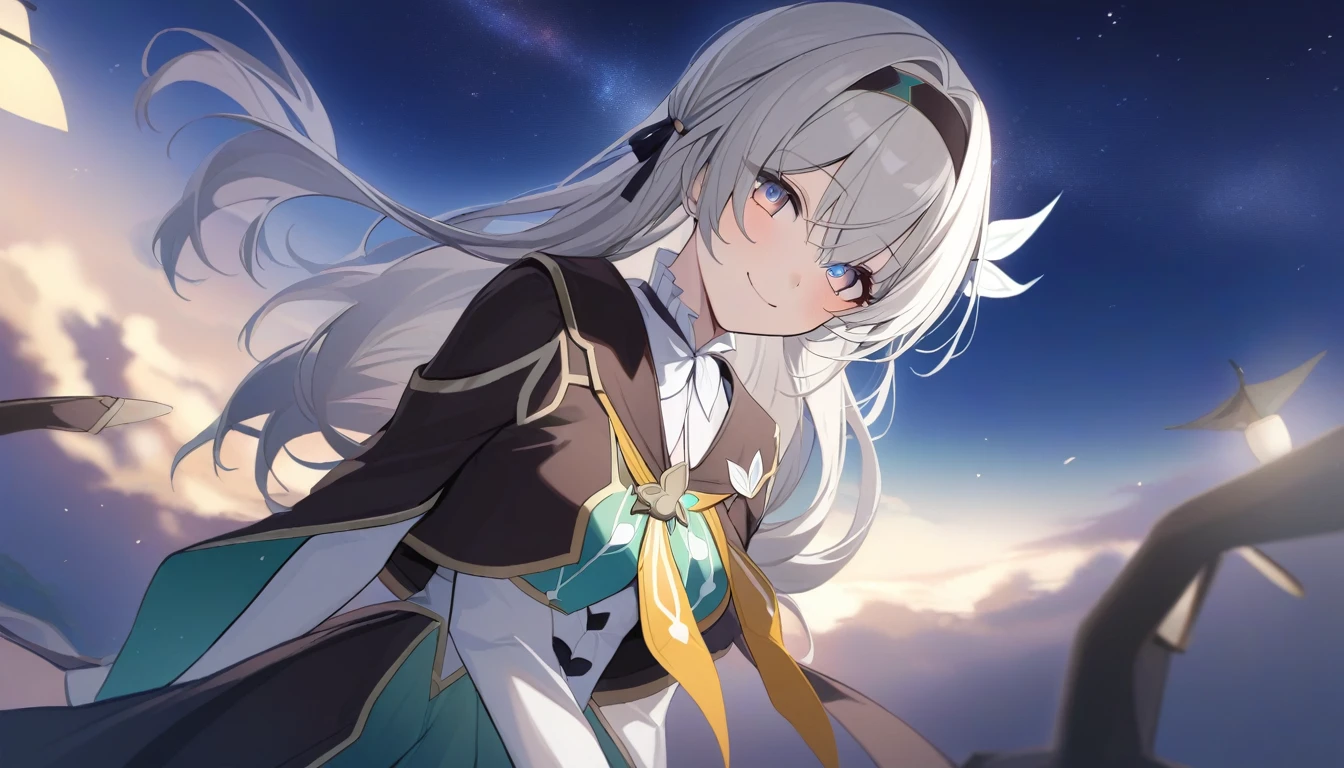 masterpiece,best quality,firefly \(Collapse: Star rail\), 1 Girl, Solitary, Sky, Star_\(Sky\), Watching_exist_Viewer, Smile, long_hair, Starry_Sky, blue_Eye, Bangs, night, hairband, night_Sky, closure_Mouth, White_hair, long_sleeve, Black_hairband, wing_hair_Decorations, hair_Decorations, skirt, hair_between_Eye