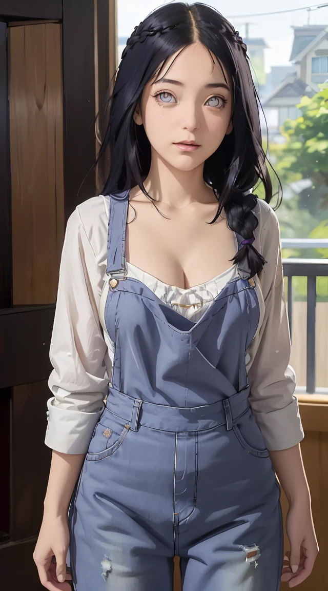 tmasterpiece, best qualityer, ultra - detailed, illustration,1girll,
long whitr hair,dark-blue hair,french braid,Purple eye,bluntbangs,cleavage,Large breasts
shirt,(jeans overalls:1.1),
mideum breasts,
looking at viewert,hyouka/(Boruto/),Detailed lips