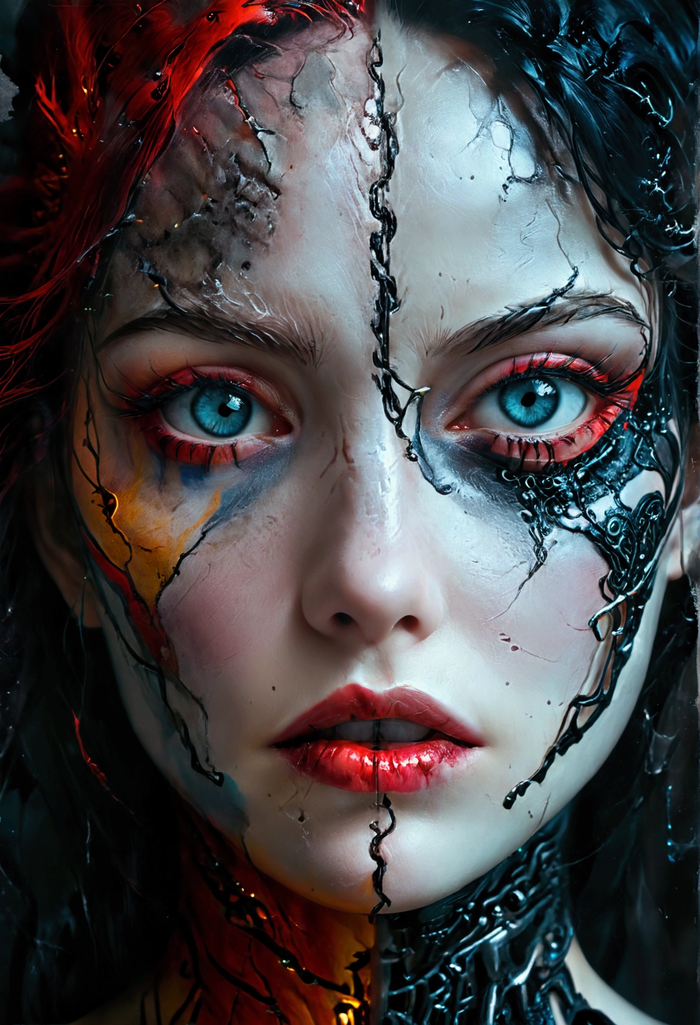 Hyperrealistic art imaginative dark gothic fantasy concept art,bleak,vibrant immersive woman's face split in half,left side is pale skin brightly lit,right side is dark cybernetic, Hyperrealistic art cinematic film still photography in the style of detailed hyperrealism photoshoot . Extremely high-resolution details, photographic, realism pushed to extreme, fine texture, incredibly lifelike