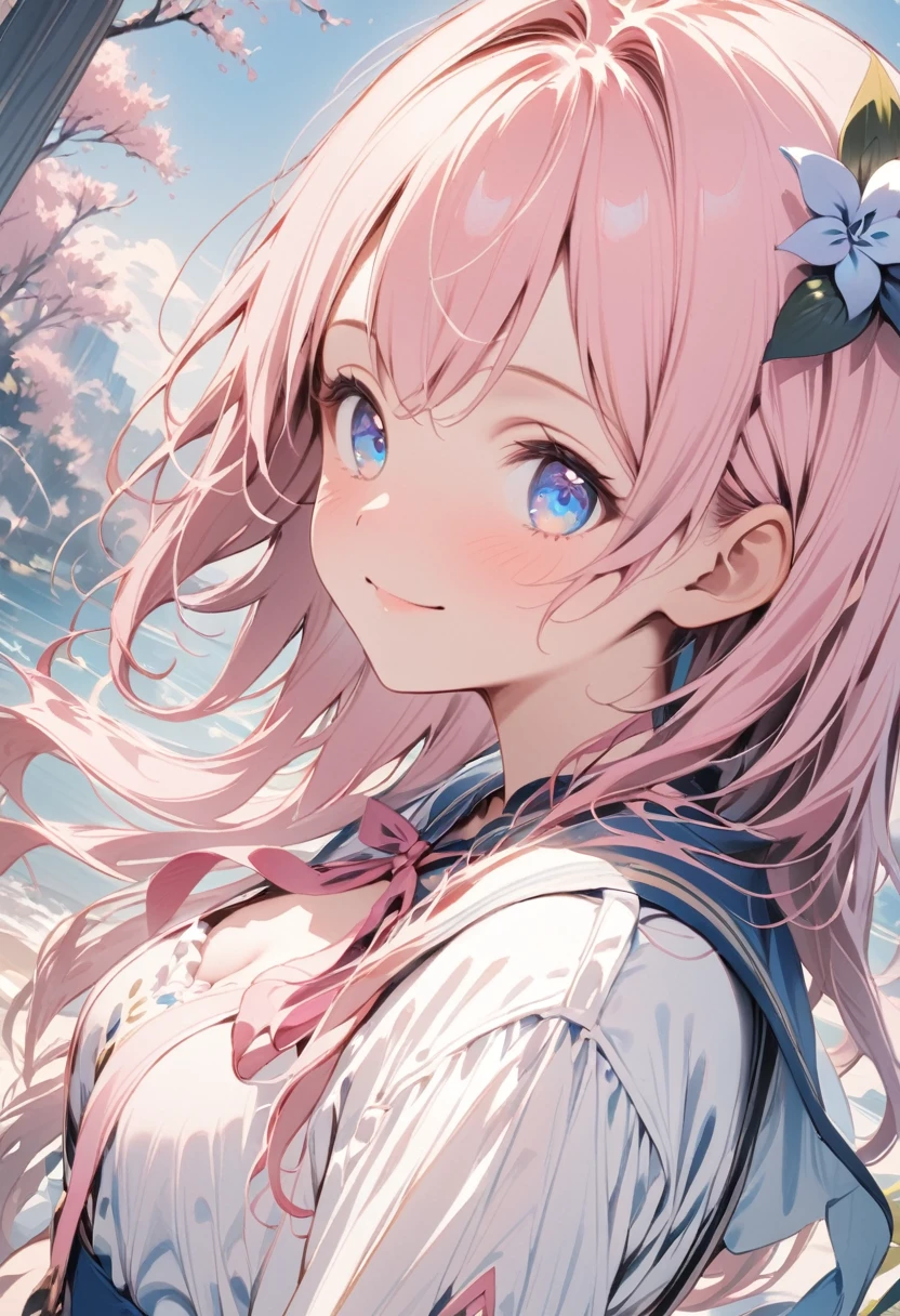 (masterpiece, Highest quality:1.2), One Girl, alone,One Girl, lillia, One Girl、Pink long hair、blue eyes、White dress with black lace、large pink ribbon on the chest、 cinematic view, Portraiture,, Cute Smile, Dynamic Angle, Pink Dress,
