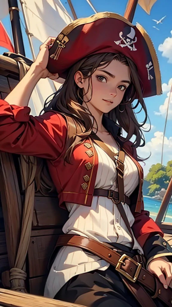 1 female, medium length brown hair, hazel eyes, wearing straw hat with red band, wearing pirate outfit, at the helm of a pirate ship