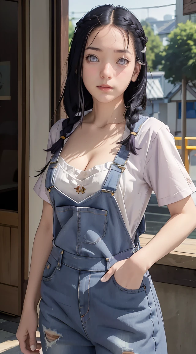 tmasterpiece, best qualityer, ultra - detailed, illustration,1girll,
long whitr hair,dark-blue hair,french braid,Purple eye,bluntbangs,cleavage,Large breasts
shirt,(jeans overalls:1.1),
mideum breasts,
looking at viewert,hyouka/(Boruto/),Detailed lips