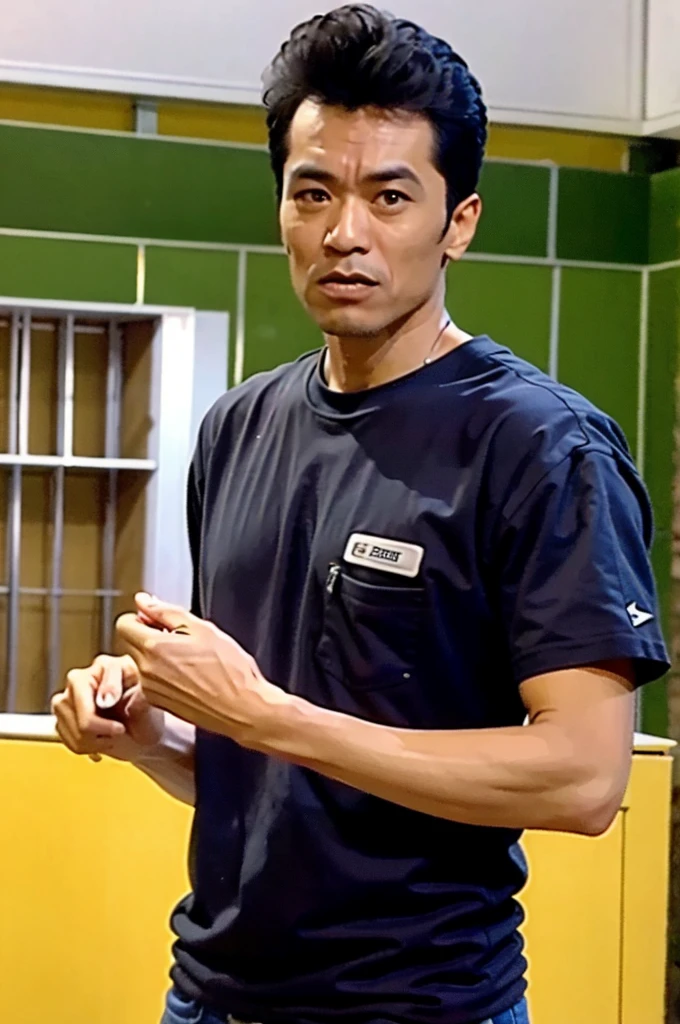 best quality, ultra high res, (photorealistic:1.4), masterpiece, blurry background,indoors,1men,standing ,(looking at viewer), black shirt,