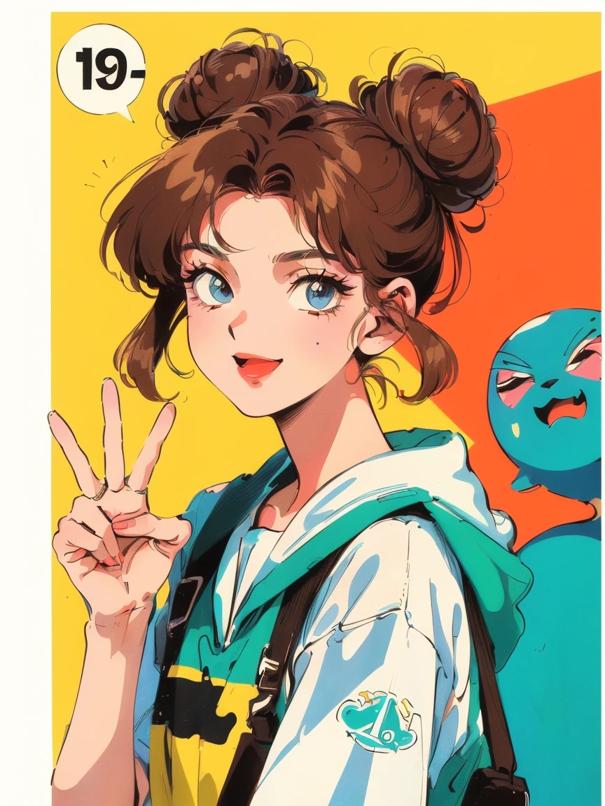 ((((90s anime style,1990s style,1970s anime,民俗的なPortraitureのスタイルを持つ,Retro style poster,Chicano retro fashion,Renaissance, Retro Style InspirationRetro, Stone visual aesthetic style, hand painted details, Fresh and clean appearance,))))Brown Hair、Bun Hair、A girl around 20 years old、Facing forward、smile、Making a peace sign with both hands、Simple clothing、Simple Background、Gary's Background、Digital Art、Painting、Portraiture、image