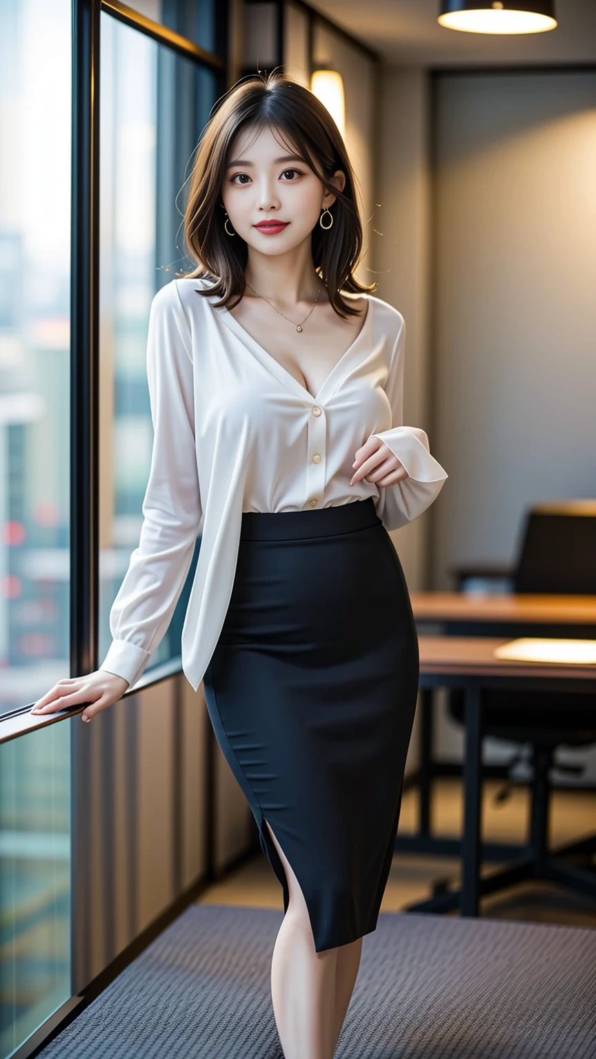 "Curvaceous Japanese office worker, 22 years old, Height 163cm, Business chic with hidden curves (92-63-93cm), Voluptuous E-cup breasts hidden under a blouse, slim waist 63cm, full 93cm hips, shapely legs, Transparent and fair skin (rgb: 255, 233, 209), Oval face with soft features, Almond-shaped eyes (dark brown, rgb: 54, 38, 22) with double eyelids, Straight nose, Apply natural pink color to entire lips (rgb: 222, 165, 1) with a professional smile, Long black hair styled in an elegant French twist updo., Subtle makeup suitable for the office with a neutral lip color that focuses on the eyes, Wearing a crisp white blouse with the top button open, hinting at cleavage., Form-fitting dark gray pencil skirt that accentuates the hips and ends just above the knees., black 3 inch heel pumps,
Delicate pearl necklace and earrings, Standing confidently with one hand on hip in a modern office environment with floor-to-ceiling windows, View of Tokyo skyline in the background,
Lighting that combines office fluorescent lighting and soft natural light, Corporate portrait style with a glamorous feel, Taken with Sony A1 mirrorless camera, 85mmF/1.4 GM lenses, iso 200, 1/160 seconds, 50MP resolution, Focuses on a professional appearance by subtly emphasizing curves.- with 2:3-q 2-s 850-v 6.0-style raw