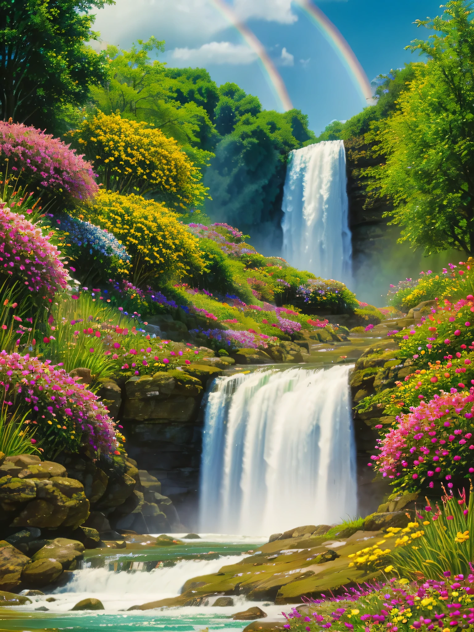hill, Field of colorful flowers, clear sky, rainbow, waterfall, river, Multi-colored fish,