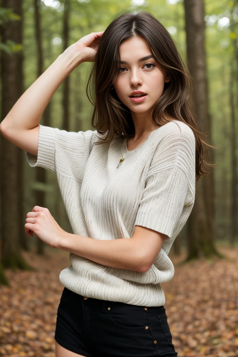 (bestquality,realistic:1.2),(brunette hair:1.1),(French:1.1),(sexy:1.1),(slim figure:1.1),(18 years old:1.1),(handcuffed:1.1),(black short sleeve sweater:1.1),(rolled-up sleeves:1.1),(hands up:1.1),(visible legs:1.1),(open mouth:1.1),illustration,forest,detailed eyes,detailed lips,high definition,professional lighting,vivid color