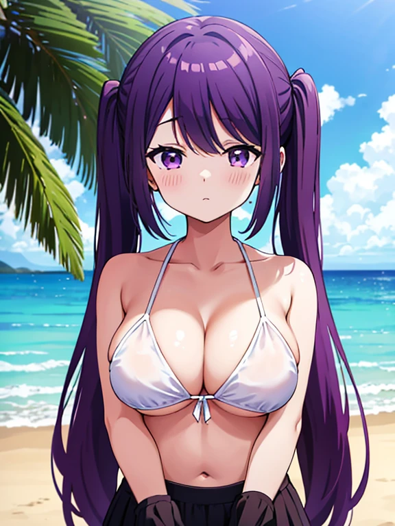 Shot on the beach,Photograph the whole body,Nagisa Kubo, One girl,Purple Hair,Purple eyes,Medium Hair,Twin tails,Big Breasts,Cleavage,Show your vagina,White Bikini