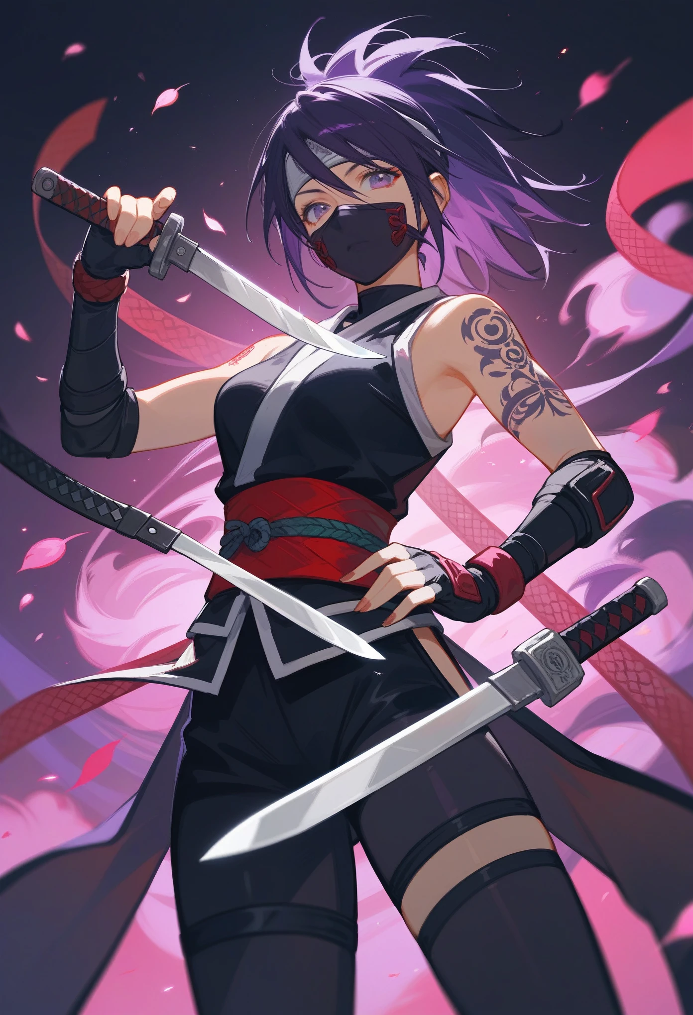 (Fraction_9,Fraction_8_Direction_7_up),1 a woman,(((bust))),(masterpiece:1.2), best quality, Throwing knife in hand,There are tattoos on the legs,high resolution,日本Female Ninja,Ninjutsu,dart,Ninja with a perfect body,Female Ninja,Hattori Hanzo,Beautiful and neat face, Dark Brown,Black hair purple hair dye, Poison Tattoo,Masked,