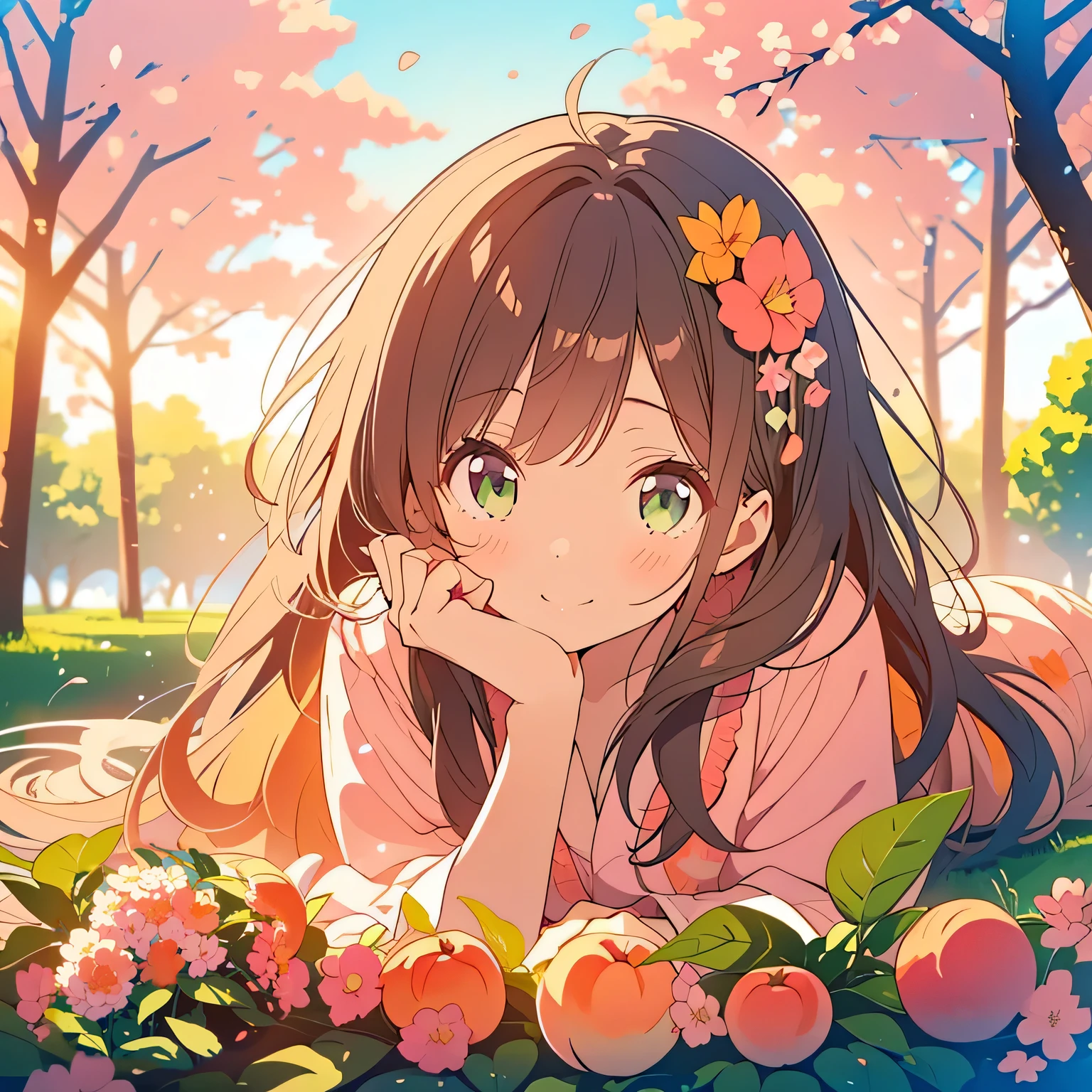 kawaii, anime, Cute, hyper quality, highly detailed, 8k, Clarity, dark brown long hair, green eyes, I huddle with my golden-eyed sister and eat a peach., peek out one's face, soft air, whole body, Draw facial expressions in detail, peach blossom, bite a peach, peach tree, eat a peach with your mouth open, big peach tree, blue sky, eating motion, soft smile, in nature, uniform,