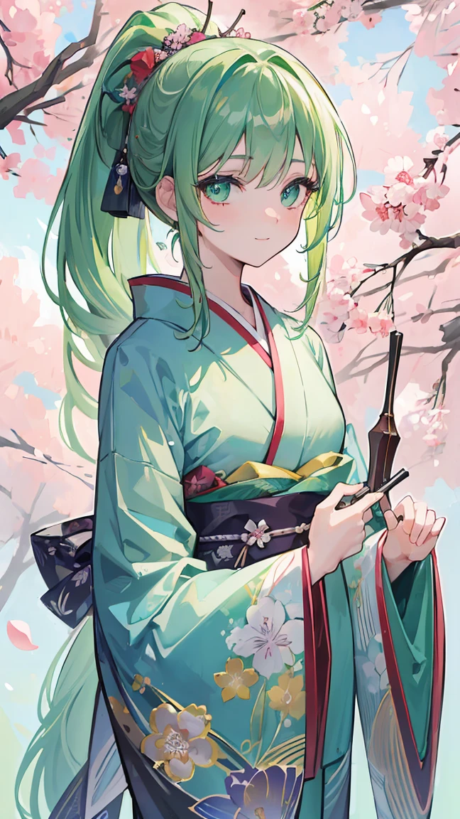 (((masterpiece))), 4k res, highly detailed, (((extremely detailed eyes))), detailed background, crystal clear eyes, high quality, 1girl, solo, anime girl, best quality, highres, ultra-detailed, beautiful, 8k, ponytail, green hair, green vibrant eyes, smile, blaring lights, sakura tree, kimono