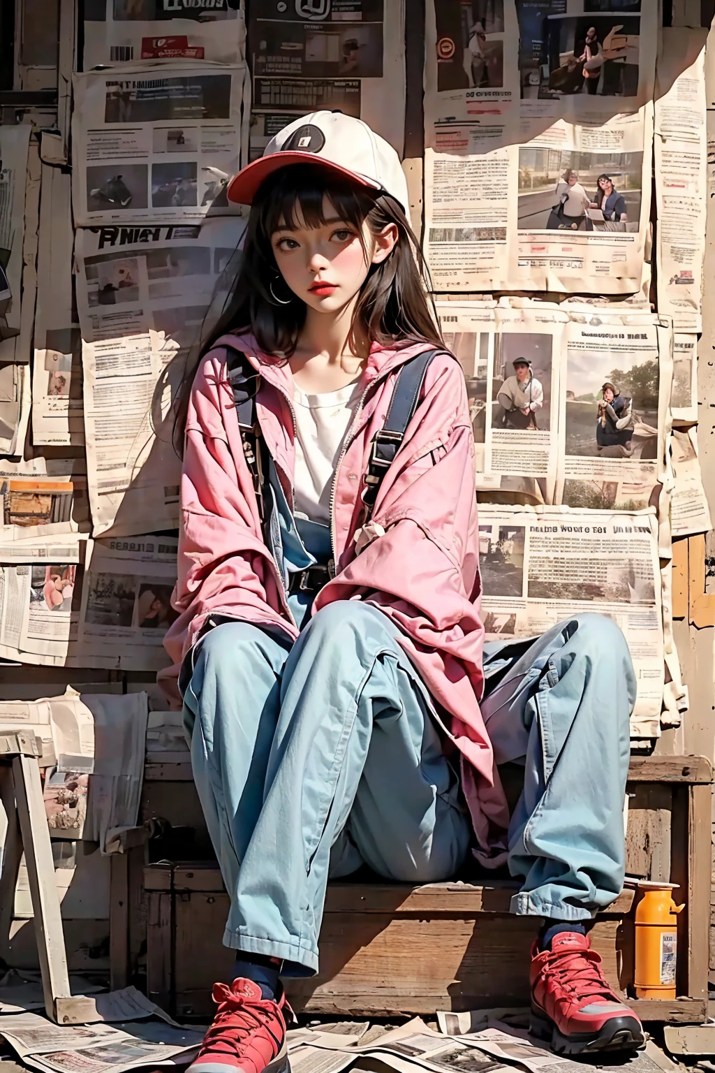 1 Girl,Long hair, pink, Baseball cap，Bangs, XXRALLY brand hooded jacket buttoned up,Overalls,Hiking shoes, Brown eyes,permanent, diaphragm,belt,morning_Light,newspaper, newspaper wall,((masterpiece, best quality, Brand is very detailed, Good composition)),