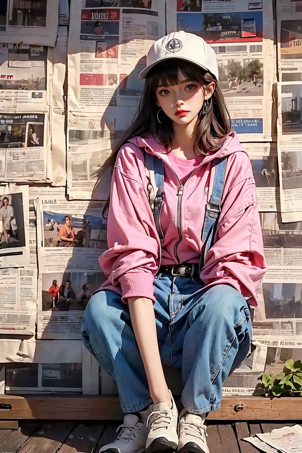 1 Girl,Long hair, pink, Baseball cap，Bangs, XXRALLY brand hooded jacket buttoned up,Overalls,Hiking shoes, Brown eyes,permanent, diaphragm,belt,morning_Light,newspaper, newspaper wall,((masterpiece, best quality, Brand is very detailed, Good composition)),