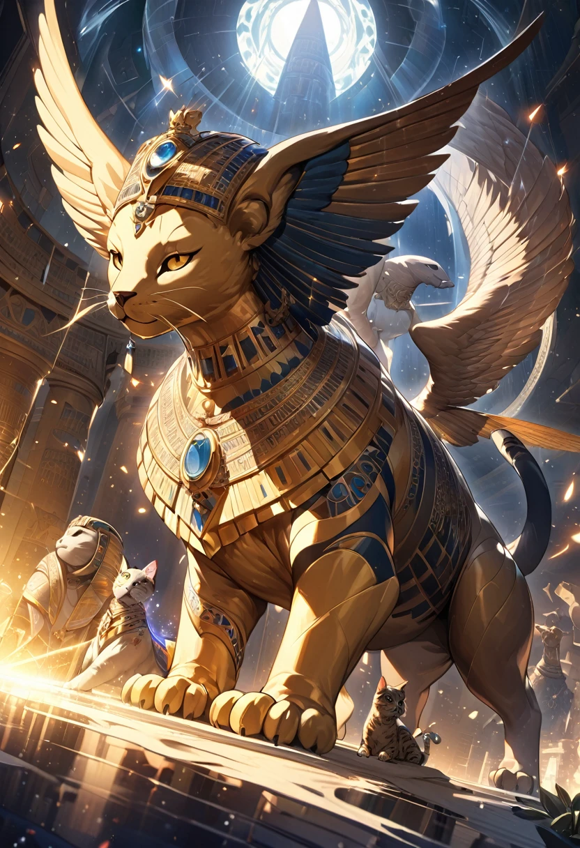 Highest quality, Highest quality, 16K, Unbelievably absurd, Very detailed, delicate and dynamic, Natural light, The particles reflect light, Diffuse reflection of light, Vortex of Light, magical, spooky, Egypt, Sphinx, god of cats