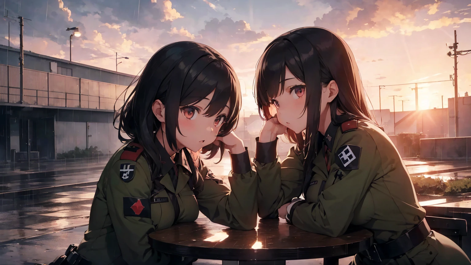 Nazi Gestapo uniform, female lesbian kawaii sisters kissing passionately with T-54 military tank. wearing Luftwaffe uniforms. 8k. masterpiece. best quality. best artwork. lingerie. Swastika insignia red armband. bare breasts. sunset. rain
