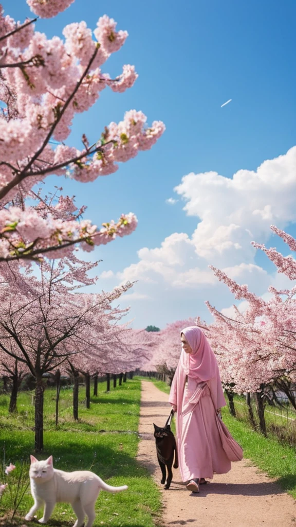 A high quality professional photo of a Muslim girl walking with her cat on the cherry blossom forest, a small home saturated on the way, sky full with stars. The scene to be captured in high resolution, featuring a pestle and abundant pink color graphics. Include details such as the blossoms in full bloom, the girl in traditional attire, the cat walking alongside, the cozy small home with vibrant saturation, and a dreamy starlit sky above. The emphasis should be on the pink hues adding a magical and enchanting touch to the image.