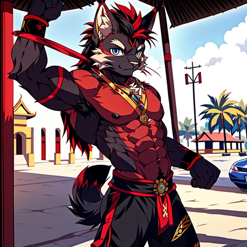 Best quality, Young, 15 year old, Furry, Solo, Male black lynx cat: 1.5, (black fur), (black fur), black fur, blue eyes, red chest hair, black long hair, black mane, red hair, red armpit hair, red whiskers, Humanoid hands, Muscular body, Strong Abs, Strong Chest, Strong Biceps, Wearing Red Muay Thai Style Clothes, Topless, Standing in the street of Thailand, Red Mohawk hair, Detailed black fur, Detailed cloths, Thailand.