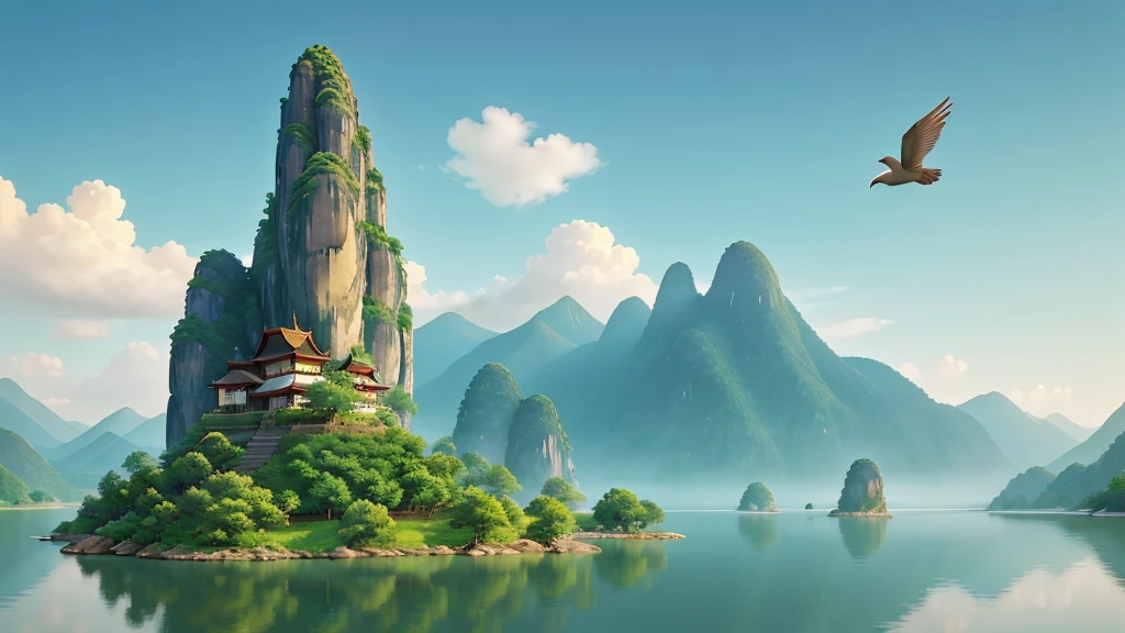 This photo depicts a peaceful landscape painting in the East Asian style. Trong tranh, There is a high mountain with sharp peaks covered with mist. In the foreground, There is a still lake reflecting the image of the mountain, and on the lakeshore are traditional East Asian buildings with multi-storey curved roofs, nằm giữa những cây thông. Besides, There are also two birds flying in the sky. The painting uses soft colors and delicate details to depict natural and architectural elements, creating an interesting and culturally rich landscape.