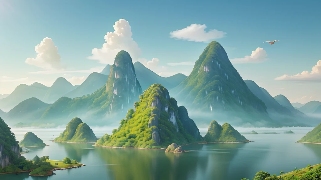 This photo depicts a peaceful landscape painting in the East Asian style. Trong tranh, There is a high mountain with sharp peaks covered with mist. In the foreground, There is a still lake reflecting the image of the mountain, and on the lakeshore are traditional East Asian buildings with multi-storey curved roofs, nằm giữa những cây thông. Besides, There are also two birds flying in the sky. The painting uses soft colors and delicate details to depict natural and architectural elements, creating an interesting and culturally rich landscape.