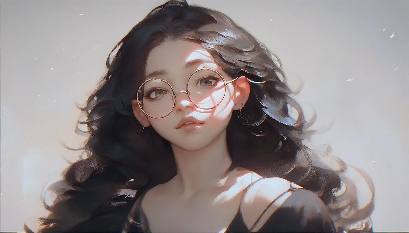 score_9, score_8_up, score_7_up,score_6_up, score_5_up,1girl, looking at the viewer, black long hair, round glasses,