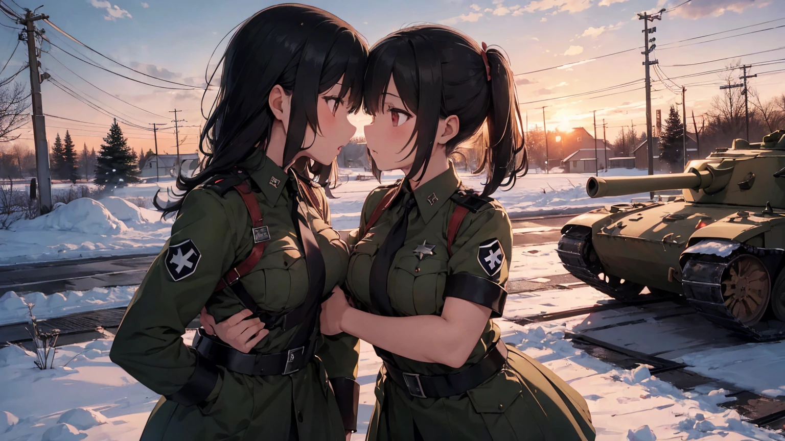 Nazi Gestapo uniform, female lesbian kawaii sisters kissing passionately with T-54 military tank. wearing Luftwaffe uniforms. 8k. masterpiece. best quality. best artwork. lingerie. Swastika insignia red armband. bare breasts. sunset. snowing