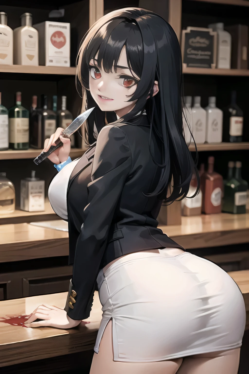 Women, red black hair, red eyes, face mess blood, smile horror terrifying, black jacket, white shirt, black skirt short, hold knife blood, large breasts, large ass, bar background