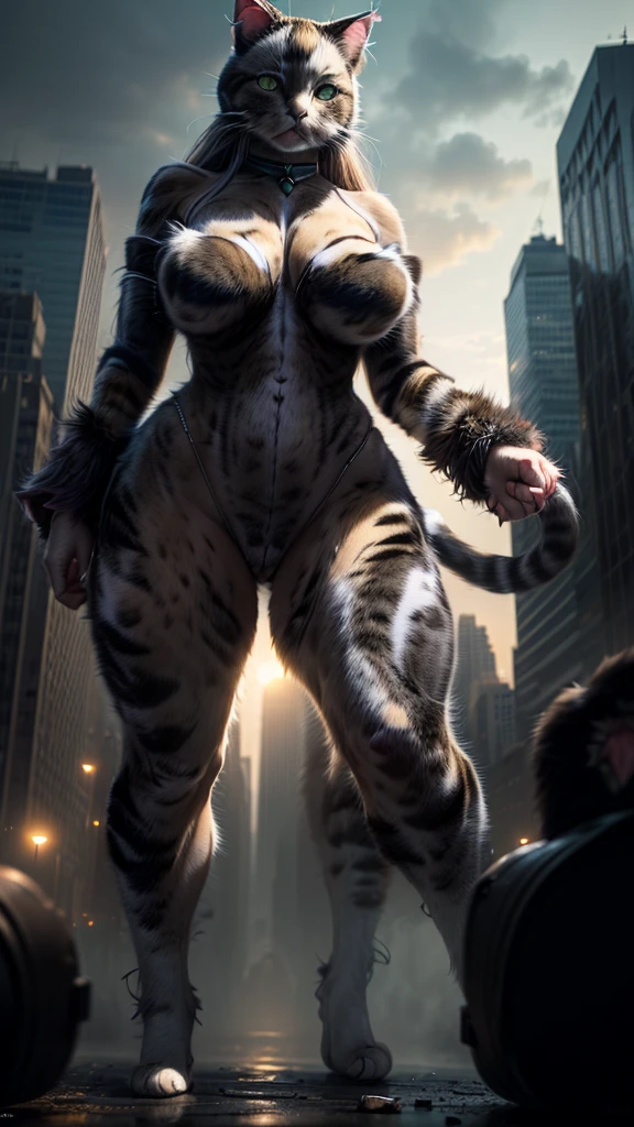 (A giant female cat:1.9) rampaging through Manhattan Island at night, destruction and chaos, beautifully detailed fur, long flowing silver hair, detailed glowing blue eyes, detailed fangs, highly detailed, photorealistic, cinematic lighting, dramatic composition, dark and moody colors, epic scale, (best quality,8k,highres,masterpiece:1.2),ultra-detailed,(realistic,photorealistic,photo-realistic:1.37),cinematic lighting,dramatic composition,dark moody colors,epic scale