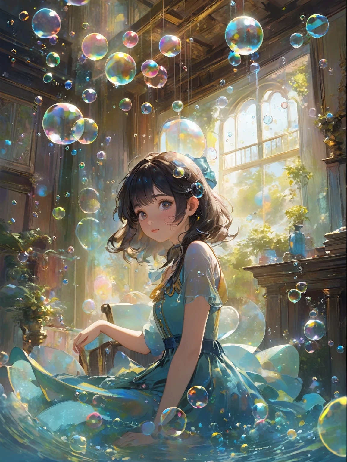 An anime girl in a blue dress、Sitting in a room with bubbles floating around, Anime fantasy illustration, Fantasy art style, artstation pixivでトレンド, Gweiz-style artwork, Beautiful artwork illustration, Anime fantasy artwork, A close-up fantasy using the magic of water, Artgerm Julie Bell Beeple, guweiz on pixiv artstation