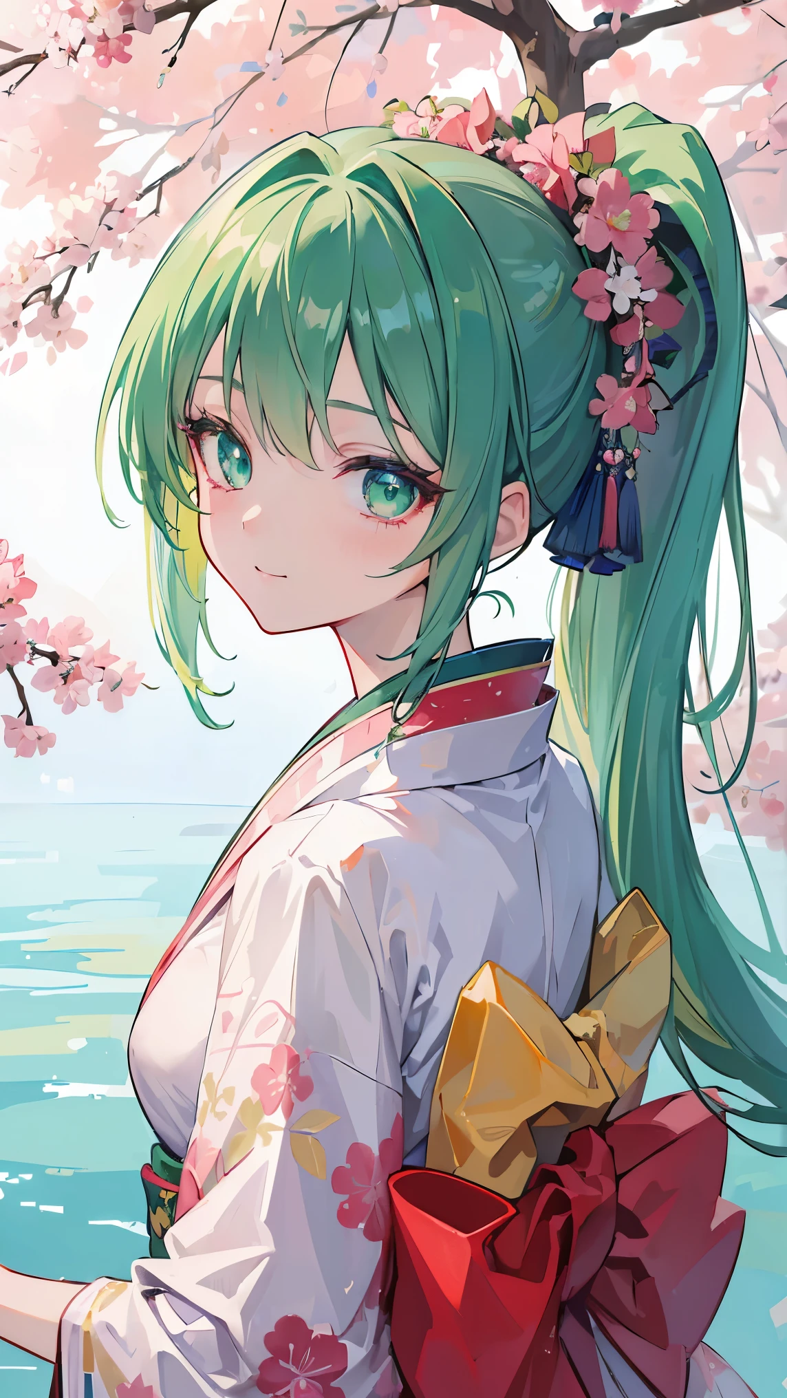 (((masterpiece))), 4k res, highly detailed, (((extremely detailed eyes))), detailed background, crystal clear eyes, high quality, 1girl, solo, anime girl, best quality, highres, ultra-detailed, beautiful, 8k, ponytail, green hair, green vibrant eyes, smile, blaring lights, sakura tree, kimono