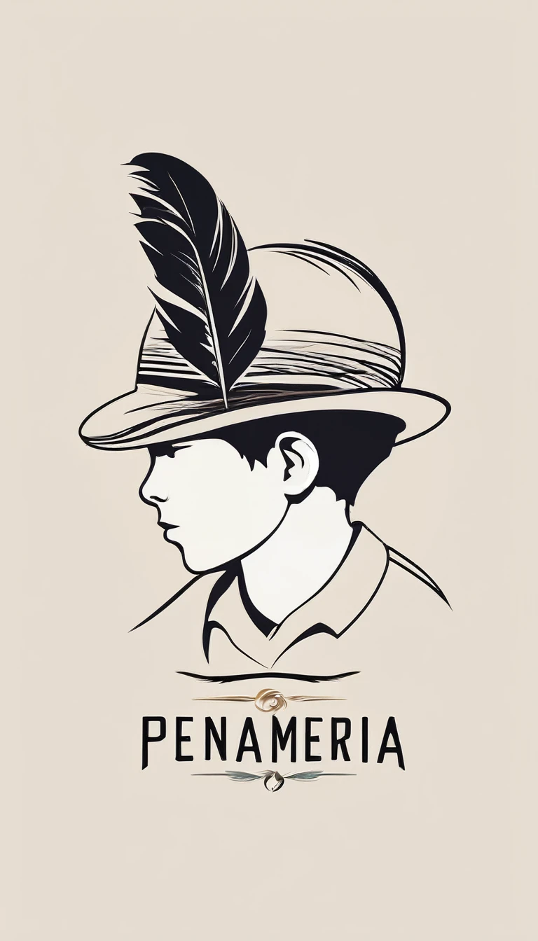 A minimalist, fantastic, poetic, dreamy, captivating, memorable, masterpiece, modern, simple logo design of a boy and a feather for the brand “Penamemoria". The logo must convey a sense of music, stories and dreams. Minimalistic logo design of a boy and a feather.