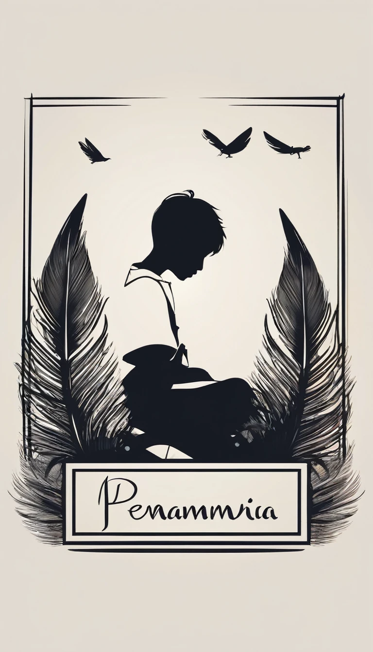 A minimalist, fantastic, poetic, dreamy, captivating, memorable, masterpiece, modern, simple logo design of a boy and a feather for the brand “Penamemoria". The logo must convey a sense of music, stories and dreams. Minimalistic logo design of a boy and a feather.