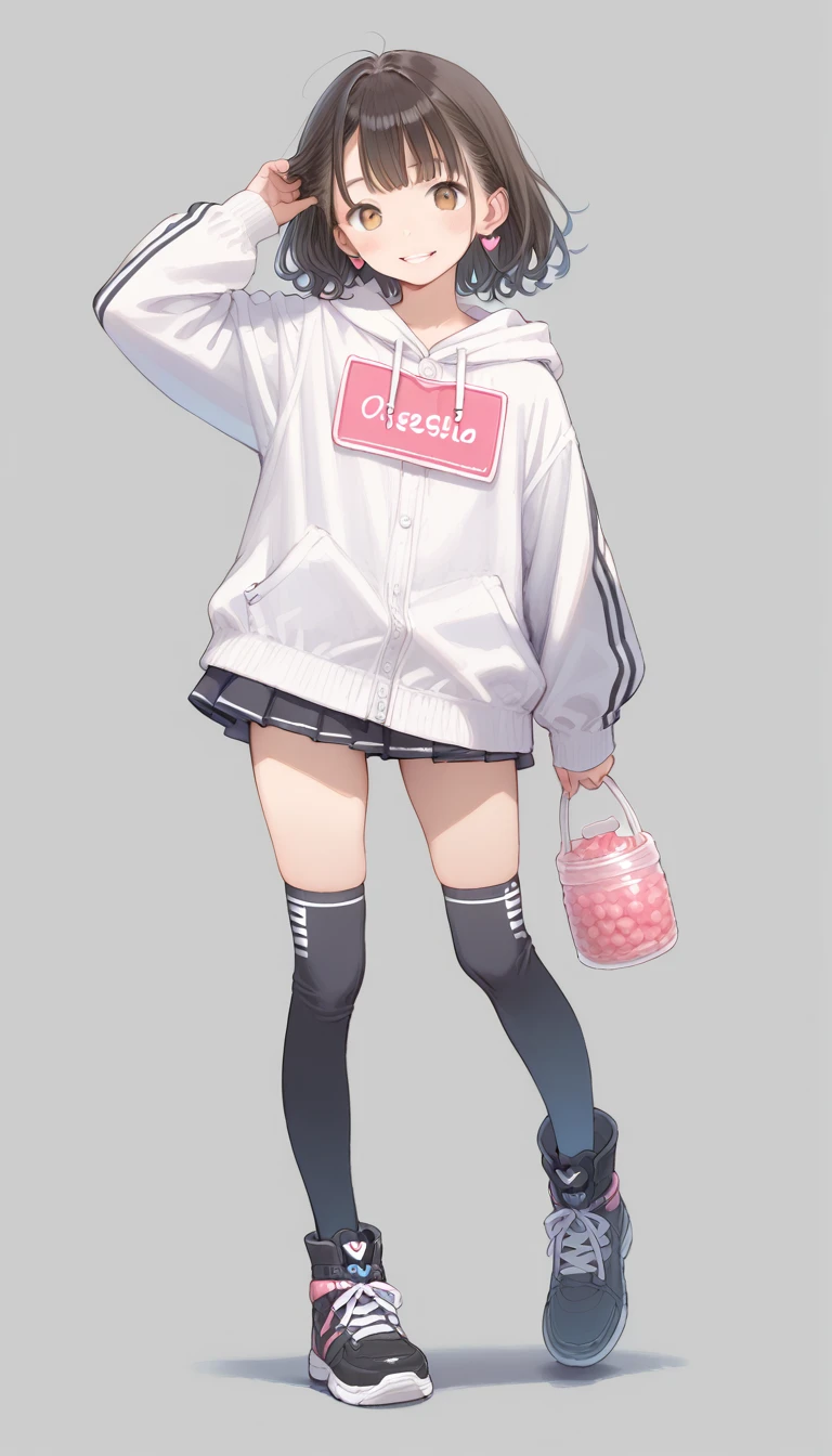 score_9, score_8_superior, score_7_superior,sauce_anime,Break uncensored,One girl,alone, Black legwear, Black footwear, boots, Brown Hair, Earrings, whole body, Gray background, heart, heart background, jewelry, Knee-high, Long sleeve, Medium Hair, Lips parted, shoes, Simple Background, smile, sneakers, shoes下, Are standing, thigh boots, Knee socks,Dynamic pose