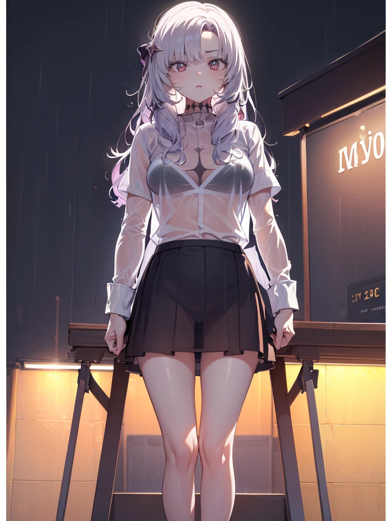 The clothes are wet, (Y-shirt is transparent: 1.4), skirt, (Unbroken body), (Perfect body structure), (arms two), (legs two), highest quality, 4K, (High resolution: 1.3) masterpiece , 1.2, Super detailed, HDR, Studio Lighting, Sharp Focus, Bright colors, Portrait, Warm tones, Soft Lighting,Rainy bus stop、