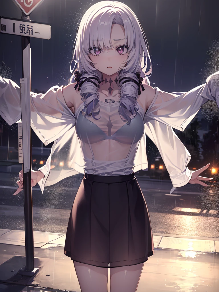 The clothes are wet, (Y-shirt is transparent: 1.4), skirt, (Unbroken body), (Perfect body structure), (arms two), (legs two), highest quality, 4K, (High resolution: 1.3) masterpiece , 1.2, Super detailed, HDR, Studio Lighting, Sharp Focus, Bright colors, Portrait, Warm tones, Soft Lighting,Rainy bus stop、