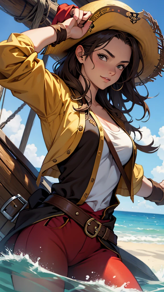 1 female, medium length brown hair, hazel eyes, wearing pirate outfit, at the helm of a pirate ship, wearing straw hat with red band