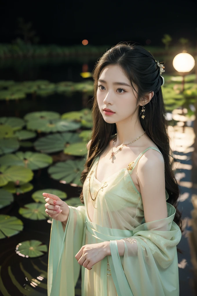 (((best quality))),(((ultra detailed))),(((masterpiece))),illustration,((1 beautiful young girl,solo)),((slim,thin)),(shoulder length straight hair:1.2),((earrings,necklace)),((small breasts,flat chest)),(see through traditional sheer Hanfu dress:1.3), lotus pond, serene moonlight, ethereal,floral pattern, water movement, billowing fabric, tranquil, moon reflection, petals, fireflies, magical, light,warm light, dreams, invitation, standing, gazing, reflection, inner thoughts, emotional, sweet scent, natural beauty, solitude, hypnotic lull, eternal summer night, natural world, human spirit, celebration, backdrop, water, glow,,((from front,upper body))