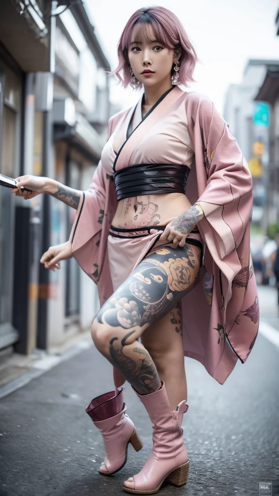 Beautiful Chinese woman, (16 years old), cute face, red lips, white moisturized skin, moles, ((eye bags)),
BREAK,
Feminine body with high athletic ability, Body of a female fitness model, Feminine body with hard tones, (Muscles: 1.2), (Beautiful belly button),
BREAK,
Fighter, Kung Fu fighter, Idol,
BREAK,
(Wearing a cute kimono: 1.3), (Kimono with a high degree of exposure), (Stiletto heels, long boots 1.3), necklace, very large earrings, short length,
BREAK,
Short hair, (Short bob hair), (Bangs: 1.2), (Pink hair: 1.3), (Wavy hair),
BREAK,
(Very large Japanese sword: 1.4), (Holding the handle of a Japanese sword: 1.3), (Fighting: 1.2), (Getting into a fighting stance), (Beautiful blade of a Japanese sword: 1.2)
BREAK,
(Japanese tattoo: 1.4),
BREAK,
Masterpiece, Perfect lighting, Ultra high resolution, 8K, (Very detailed: 1.4), (From the front), Looking at the camera, Melancholic expression,
BREAK,
(Tokyo city, lots of people in the background: 1.2), City background in Shibuya, Tokyo, Japan,