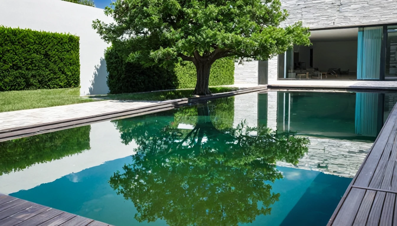 there is a reflection of a tree in the water of a contemporany house pool