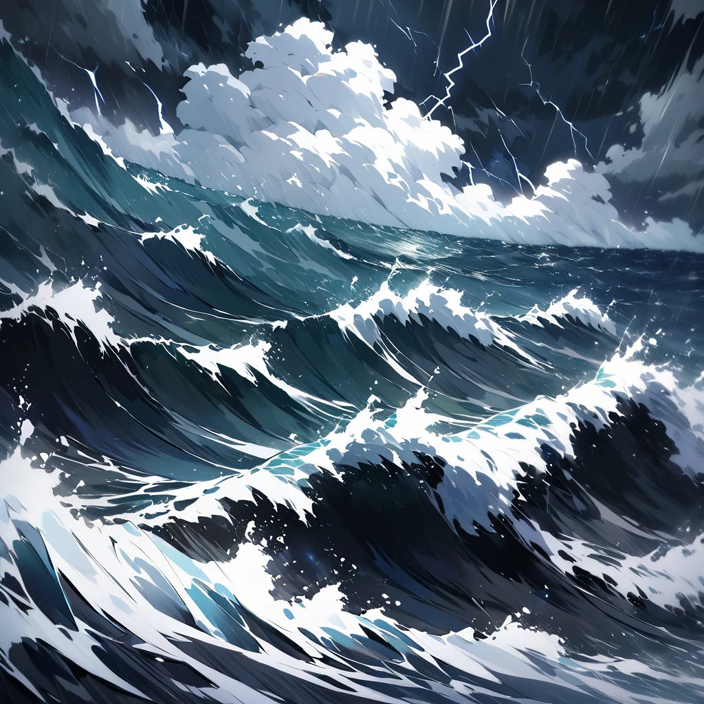 Create a dramatic stormy sea scene with tents included. The image should depict a tumultuous ocean with massive, crashing waves and high, dark storm clouds. Add a rugged, windswept beach where several tents are pitched, struggling against the fierce storm. The tents should appear battered by the wind and rain, with their fabric flapping and partially torn. Incorporate flashes of lightning illuminating the stormy sky and the churning water. Use deep, moody colors like dark blues, grays, and blacks, with bright flashes of white for the lightning and waves. The overall atmosphere should convey the raw, powerful energy of a fierce storm and the struggle of the tents against nature."