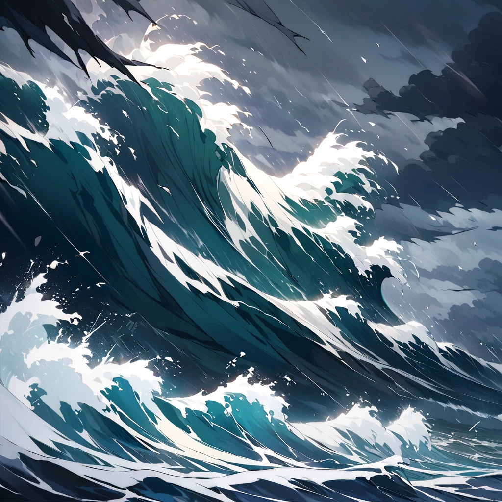 Create a dramatic stormy sea scene with tents included. The image should depict a tumultuous ocean with massive, crashing waves and high, dark storm clouds. Add a rugged, windswept beach where several tents are pitched, struggling against the fierce storm. The tents should appear battered by the wind and rain, with their fabric flapping and partially torn. Incorporate flashes of lightning illuminating the stormy sky and the churning water. Use deep, moody colors like dark blues, grays, and blacks, with bright flashes of white for the lightning and waves. The overall atmosphere should convey the raw, powerful energy of a fierce storm and the struggle of the tents against nature."