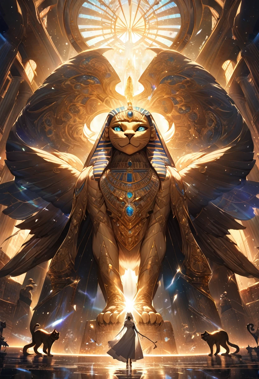 Highest quality, Highest quality, 16K, Unbelievably absurd, Very detailed, delicate and dynamic, Natural light, The particles reflect light, Diffuse reflection of light, Vortex of Light, magical, spooky, Egypt, Sphinx, god of cats