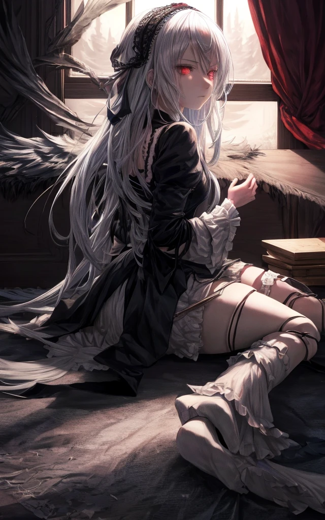 Write a scene featuring Suigintou from *Rose Maiden* sitting by the window. She has silver hair, black feathers, and wears a black dress. Her expression is emotionless, yet her eyes are strikingly beautiful. The room is dark, illuminated by moonlight streaming through the window. The moon is visible outside, casting a gentle glow across the scene.、doll、look back